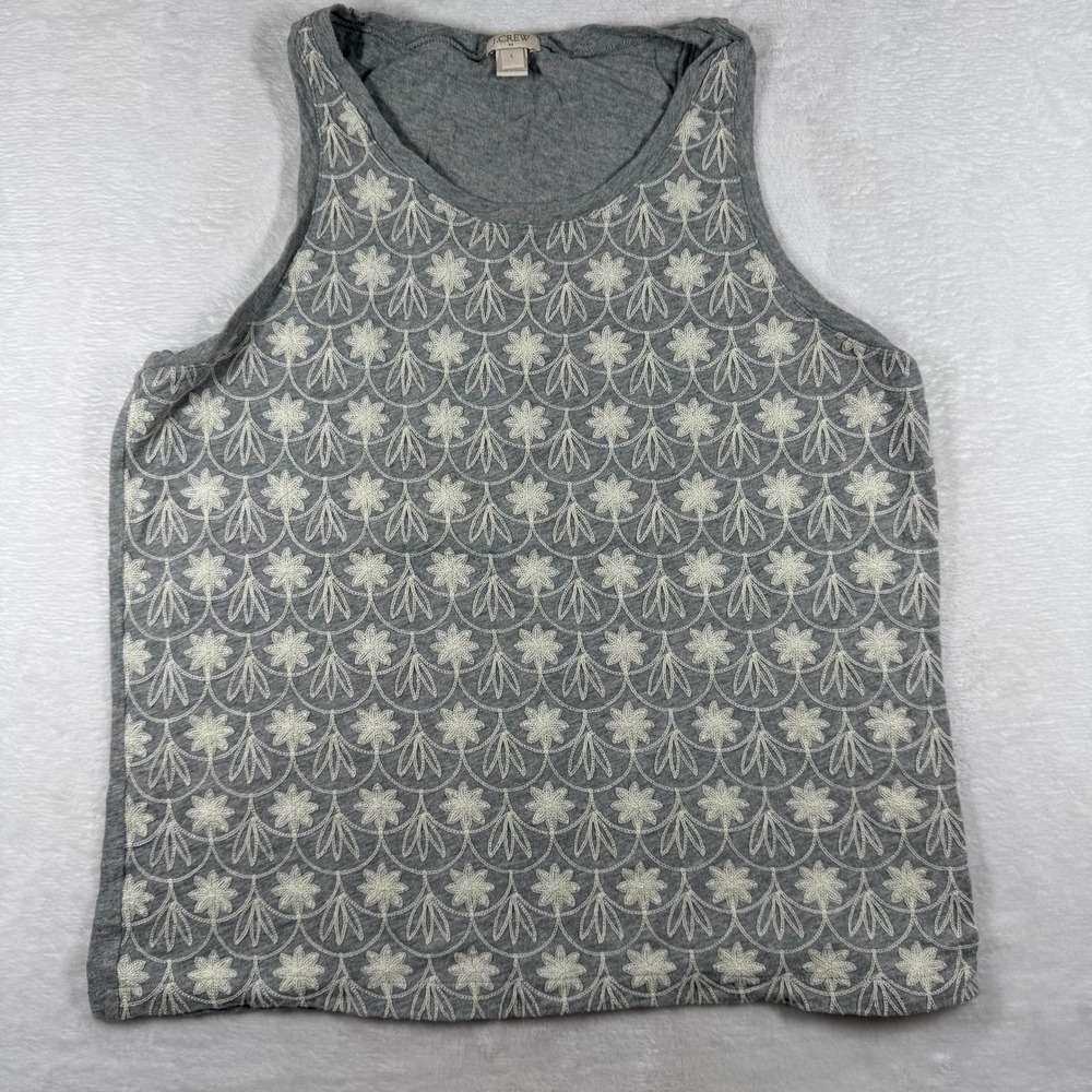 J.Crew Womens Gray Floral Embroidered Cotton Tank Top F1196 Size L
